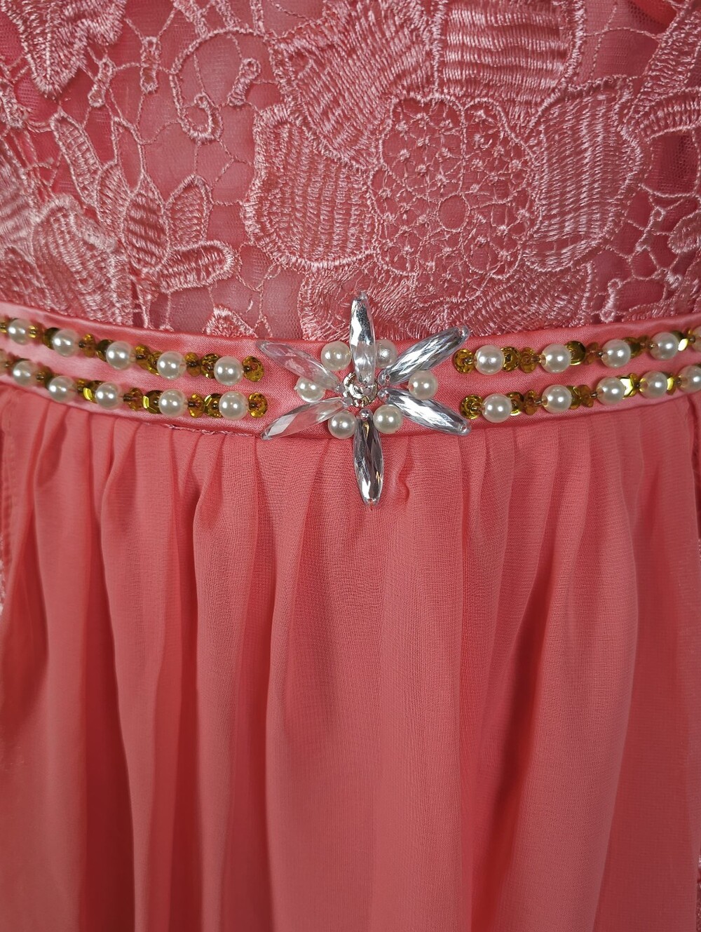 Coral Lace Mini Prom Dress Size 16 Chiffon Overskirt Train NWOT - Picture 5 of 13